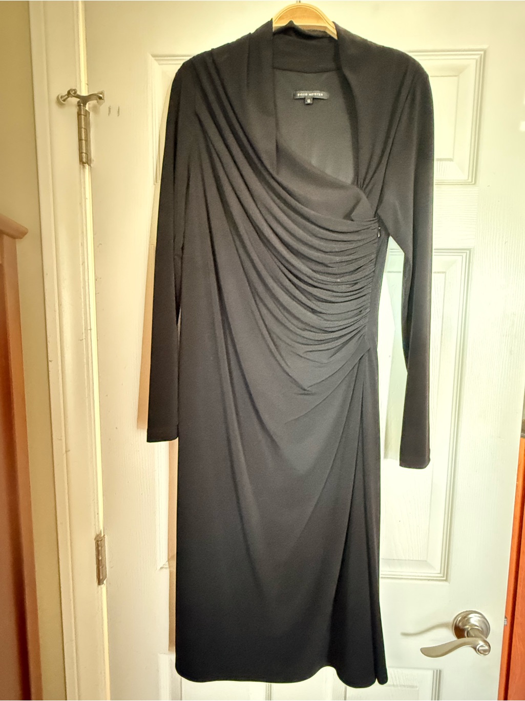 David Meister Size 12black Draped Long-Sleeve Ruched Dress